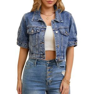 Cropped Short Sleeve Button Up Frayed Washed Jean Jacket Blue